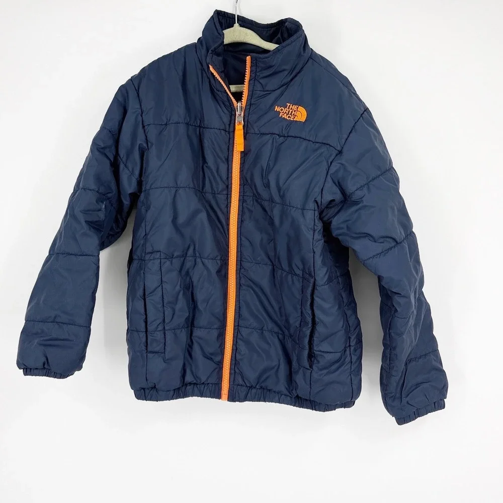 The North Face Boys Navy Blue Puffer Jacket Orange Zip Insulated Coat Size S 7/8